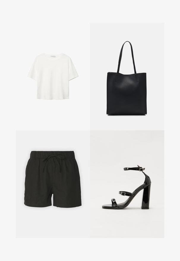 T-shirt bianco a maniche corte realizzato in cotone. Presenta un collo tondo e una vestibilità rilassata. Texture liscia senza motivi o dettagli visibili.; Pantaloni corti neri in lino con cintura elastica e cordoncino regolabile. Presentano un design semplice e una texture traspirante.; Sandali con tacco in vernice nera, con punta squadrata, cinturini alla caviglia e fibbie in argento. Presentano un tacco a blocco spesso per maggiore stabilità.; Borsa tote in pelle nera con texture liscia, forma rettangolare e due manici lunghi. Nessun hardware o decorazione visibile.