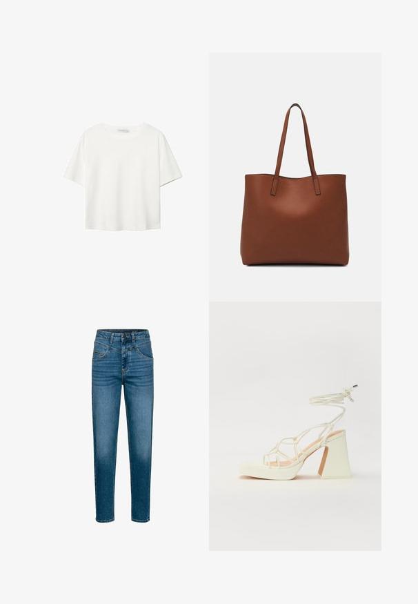 Witte korte mouwen t-shirt van katoen. Heeft een ronde halslijn en een ontspannen pasvorm. Glad textuur zonder zichtbare patronen of accenten.; camel active Slim fit jeans - dark blue used; Witte hoge hakken sandaal met een chunky hak, met een bandjesontwerp en enkelband. Gladde textuur met een plateau voor extra hoogte.; Bruine leren tote bag met een gladde textuur, een ontwerp met een open bovenkant en twee schouderbanden. Kenmerkt zich door minimale stiksels en geen zichtbare hardware.