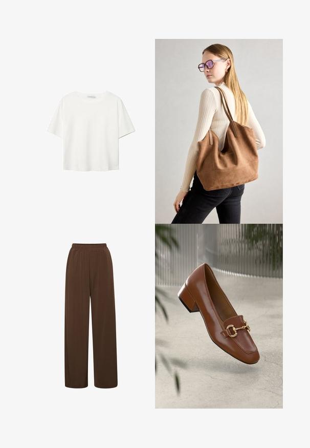 Witte korte mouwen t-shirt van katoen. Heeft een ronde halslijn en een ontspannen pasvorm. Glad textuur zonder zichtbare patronen of accenten.; Bruine pipelegbroek gemaakt van zachte stof, met een elastische tailleband en een gladde textuur, zonder opvallende patronen of accenten.; Bruine lakleren loafer met vierkante neus, metallic kettingaccent en lage blokhak; gladde textuur, minimalistisch ontwerp.; Bruine suède totebag met zachte textuur, grote opening en lange hengsels. Het heeft een eenvoudig ontwerp met zichtbare stiksels en geen hardware.