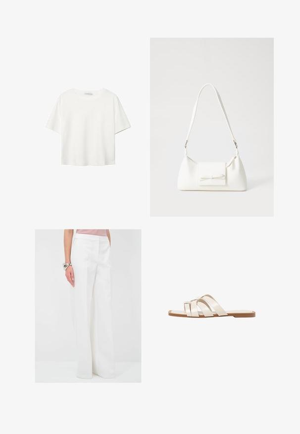 Witte korte mouwen t-shirt van katoen. Heeft een ronde halslijn en een ontspannen pasvorm. Glad textuur zonder zichtbare patronen of accenten.; adL Broek - beige; Vlakke sandalen met een tan rubberen zool, ontworpen met drie overlappende witte leren banden en een kleine strikdetail in het midden.; Witte synthetische handtas met een driehoekige vorm, platte voorklep en strikdetail, verstelbare schouderriem, gladde textuur en minimalistisch ontwerp.