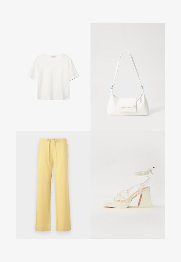Weißes T-Shirt mit kurzen Ärmeln aus Baumwolle. Hat einen Rundhalsausschnitt und eine lockere Passform. Glatte Textur ohne sichtbare Muster oder Akzente.; Gelbe, leichte Baumwollmischhose mit einem Kordelzug-Bund, geraden Beinen und ohne sichtbare Muster oder Akzente.; Weiße High-Heel-Sandale mit einem klobigen Absatz, die über ein Riemchendesign und ein Knöchelband verfügt. Glatte Textur mit einer Plattform vorne für zusätzliche Höhe.; Weiße synthetische Handtasche in dreieckiger Form, flache Vorderklappe und Schleifendetail, verstellbarer Trageriemen, glatte Textur und minimalistisches Design.