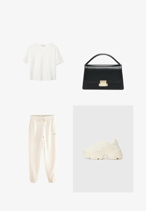 Bílý krátký rukáv tričko vyrobené z bavlny. Má kulatý výstřih a volný střih. Hladký materiál bez viditelných vzorů nebo akcentů.; Krémové jogger kalhoty vyrobené z měkké látky, s elastickým pasem, šňůrkou na stažení, bočními kapsami a žebrovanými manžetami. Tištěné logo "self.".; Chunky bílé tenisky vyrobené z texturované síťoviny a syntetických materiálů, s tlustou podrážkou a složitými vzorovými detaily podél stran.; Černá kožená kabelka se strukturovaným designem, horním uchopením a zlatým kovovým zapínáním na přední straně. Hladký povrch, minimální švy.