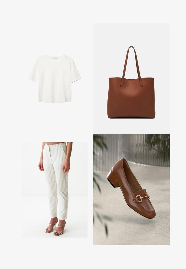 Witte korte mouwen t-shirt van katoen. Heeft een ronde halslijn en een ontspannen pasvorm. Glad textuur zonder zichtbare patronen of accenten.; Witte pinstriped broeken in een getailleerde pasvorm met een gladde textuur en een verborgen rits. G gecombineerd met zilveren strappy hakken.; Bruine lakleren loafer met vierkante neus, metallic kettingaccent en lage blokhak; gladde textuur, minimalistisch ontwerp.; Bruine leren tote bag met een gladde textuur, een ontwerp met een open bovenkant en twee schouderbanden. Kenmerkt zich door minimale stiksels en geen zichtbare hardware.