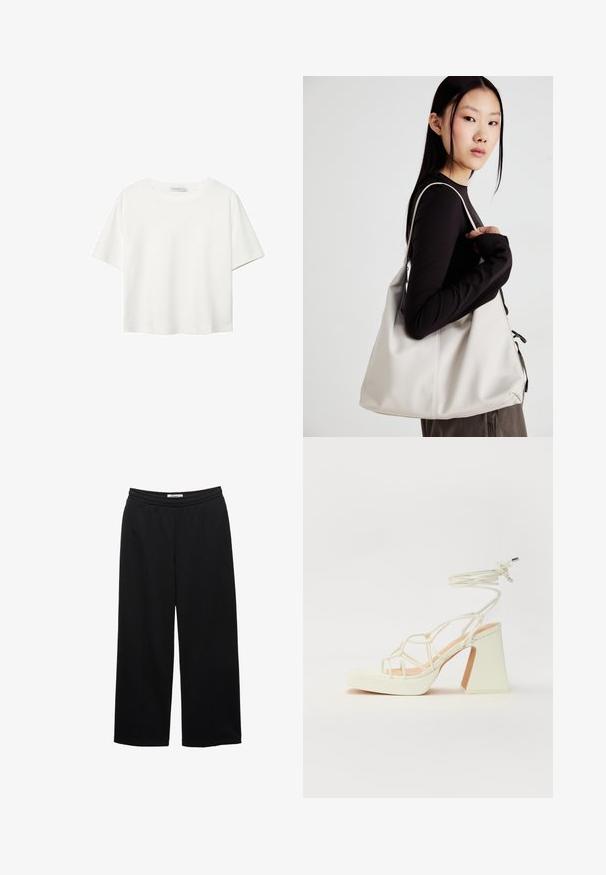 Witte korte mouwen t-shirt van katoen. Heeft een ronde halslijn en een ontspannen pasvorm. Glad textuur zonder zichtbare patronen of accenten.; Zwarte wijde broek met een elastische tailleband, met een gladde textuur en twee plooien aan de voorkant voor extra detail.; Witte hoge hakken sandaal met een chunky hak, met een bandjesontwerp en enkelband. Gladde textuur met een plateau voor extra hoogte.; Beige handtas gemaakt van zacht materiaal, met een slonzig ontwerp, gestikte details en twee schouderbanden. Geschikt voor dagelijks gebruik.