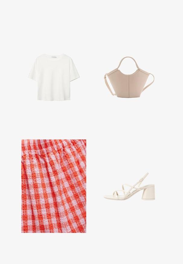 T-shirt blanc à manches courtes en coton. Doté d'un col ras du cou et d'une coupe décontractée. Texture lisse sans motifs ni accents visibles.; Tissu à carreaux rouge et rose avec une finition texturée, comportant une taille froncée et un design plissé. Le matériau semble léger et respirant.; Sandales à talons beiges avec des fines brides entrecroisées, bout ouvert et un talon carré. Fini en vernis lisse, bride de cheville réglable.; Sac à main en cuir beige avec une forme unique, doté de deux poignées courtes et d'une longue sangle réglable. Texture lisse avec un minimum de matériel.