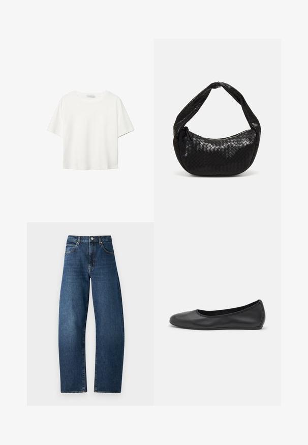 Weißes T-Shirt mit kurzen Ärmeln aus Baumwolle. Hat einen Rundhalsausschnitt und eine lockere Passform. Glatte Textur ohne sichtbare Muster oder Akzente.; Blaue Jeans aus Denim mit hoher Taille, geradem Beinverlauf, sichtbaren Nähten, fünf Taschen und einem Knopfverschluss. Klassischer dunkler Waschlook.; Schwarze Leder-Ballettschuhe mit abgerundeter Spitze, glatter Textur, minimalen Nähdetails und einem flexiblen Sohlen-Design.; Schwarze geflochtene Ledertasche mit einer geschwungenen Form, ausgestattet mit einem dicken Griff und einem Reißverschlussverschluss. Texturierte Oberfläche mit glänzender Optik.