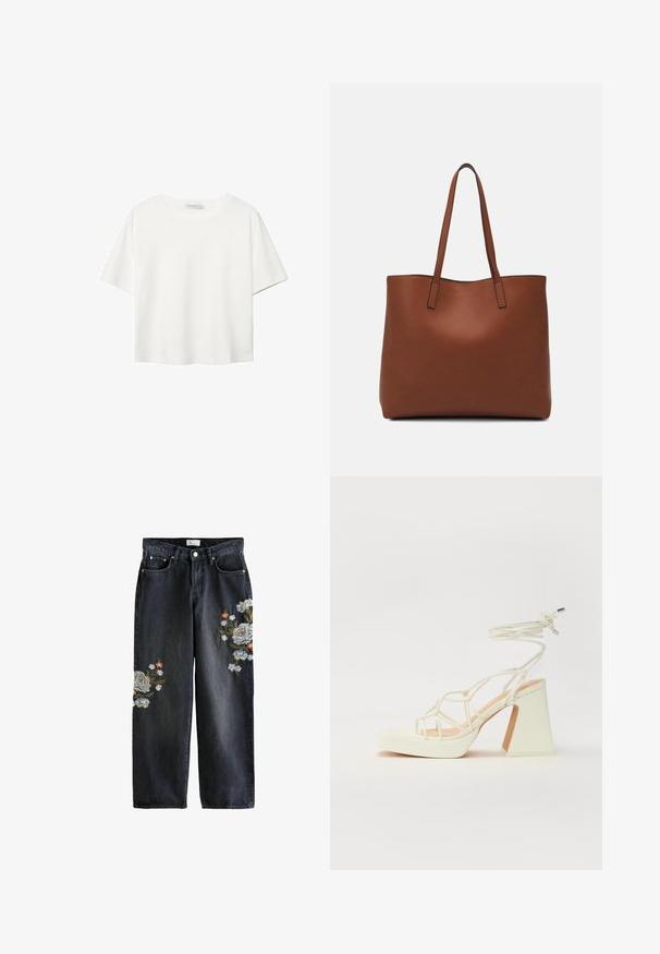 Hvid kortærmet t-shirt lavet af bomuld. Har en rund halsudskæring og en afslappet pasform. Glat tekstur uden synlige mønstre eller detaljer.; Sorte denim brede bukser med blomsterbroderi i blå, hvid og orange på begge ben, med høj talje og standard fem-lomme design.; Hvide højhælede sandaler med en kraftig hæl, der har et stropdesign og ankelbinding. Glat tekstur med en platform foran for ekstra højde.; Brun læder tote taske med en glat overflade, åben topdesign og to skulderremme. Har minimal syning og ingen synlig hardware.