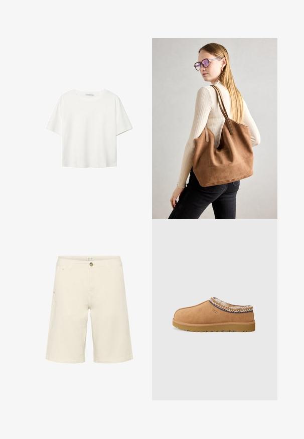 Biela krátkopsová tričko vyrobené z bavlny. Má okrúhly výstrih a voľný strih. Hladká textúra bez viditeľných vzorov alebo akcentov.; Krémové šortky vyrobené z bavlneného zmesi, s gombíkovým uzáverom, pútkami na opasok a bočnými vreckami; hladká textúra s rovnými nohavicami.; Béžové semišové slip-on topánky s textúrovanou vlnenou podšívkou a dekoratívnym etnickým šitím okolo goliera. Majú gumovú podrážku.; Hnedá semišová taška na rameno s mäkkou textúrou, veľkým otvorom a dlhými popruhmi. Má jednoduchý dizajn s viditeľným šitím a bez kovových prvkov.