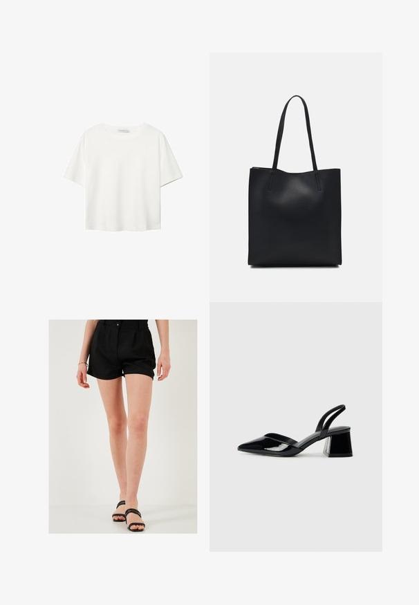 Biela krátkopsová tričko vyrobené z bavlny. Má okrúhly výstrih a voľný strih. Hladká textúra bez viditeľných vzorov alebo akcentov.; Čierne ľanové šortky s upraveným strihom, s prednými skladmi a jedným gombíkom na zapínanie. V kombinácii s čiernymi nazúvacími sandálmi.; Čierne lakované kožené sandálové podpätky s špicatou špičkou a geometrickým blokovým podpätkom. Disponujú elegantným, minimalistickým dizajnom a hladkým povrchom.; Čierna kožená taška na rameno s hladkým povrchom, obdĺžnikovým tvarom a dvoma dlhými uchami. Bez viditeľného kovania alebo ozdôb.