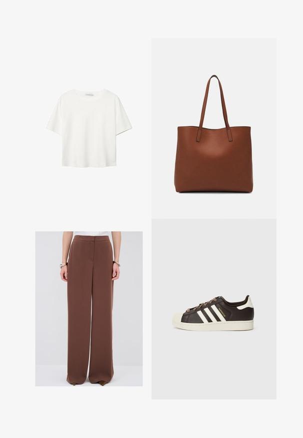 Bílý krátký rukáv tričko vyrobené z bavlny. Má kulatý výstřih a volný střih. Hladký materiál bez viditelných vzorů nebo akcentů.; Hnědé široké kalhoty z hladkého materiálu. Mají vytvarovaný pas a žádné viditelné kapsy, s čistým, splývavým siluetou.; Nízký teniska Adidas Superstar z tmavě hnědé kůže s krémovou špičkou, bílými pruhy a nápisem "Superstar" na boku.; Hnědá kožená taška přes rameno s hladkou texturou, otevřeným designem a dvěma ramenními popruhy. Obsahuje minimální švy a žádné viditelné kovové prvky.
