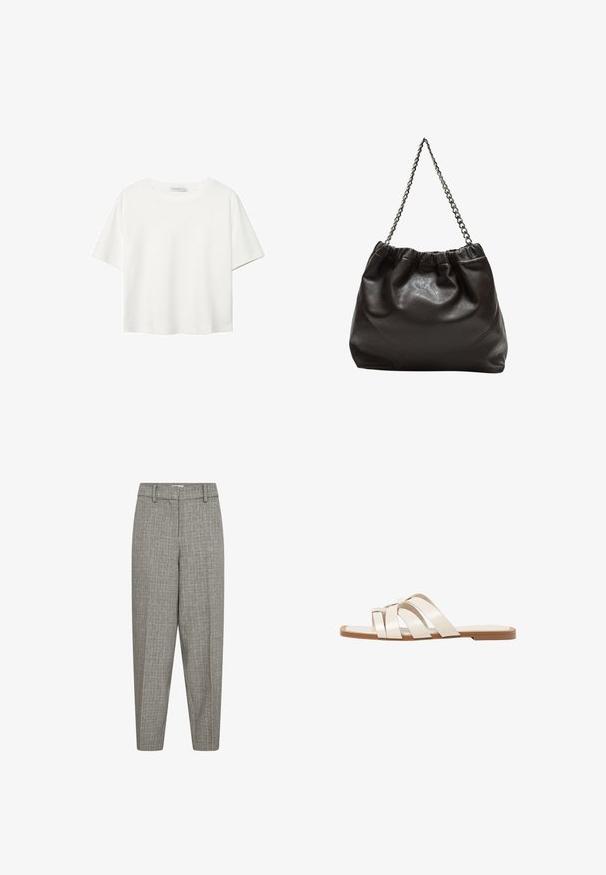 Biała koszulka z krótkim rękawem, wykonana z bawełny. Posiada okrągły dekolt i luźny krój. Gładka faktura bez widocznych wzorów czy akcentów.; Szare spodnie w wzór, z tapered leg, gładkim przodem, szlufkami na pasek i gładką teksturą. Bez widocznych kieszeni czy detali metalowych.; Płaskie sandały z brązową gumową podeszwą, zaprojektowane z trzema nakładającymi się na siebie białymi skórzanymi paskami i małym detalem w postaci kokardy na środku.; Brązowa skórzana torba z marszczonym szczytem i łańcuszkowym paskiem. Gładka tekstura z błyszczącym wykończeniem i subtelnymi detalami szwów po bokach.