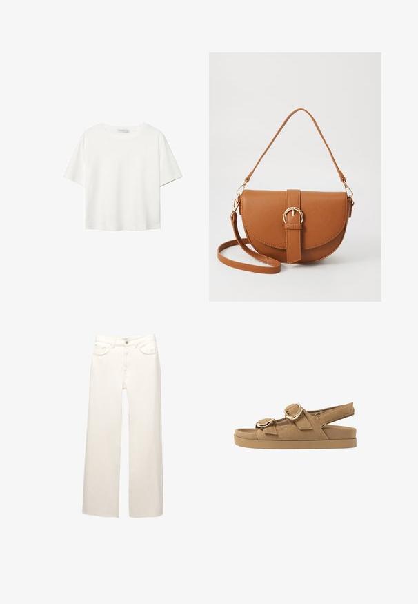 Bela kratka majica s kratkimi rokavi iz bombaža. Ima okroglo izrezovanje in sproščen kroj. Gladka tekstura brez vidnih vzorcev ali poudarkov.; Beli široki jeans iz denima s pet žepov, zadrgo in gumbom za zapiranje. Tkanina ima subtilno teksturo in minimalne šive.; Peščene nubuk sandale z dvema nastavljivima trakoma, zlatimi kovinskimi dodatki in debelim oblazinjeni podplatom za udobje in oporo.; Rjava usnjena torbica prek telesa s ukrivljeno obliko, zlate opreme in sponko. Ima odstranljiv naramni trak.