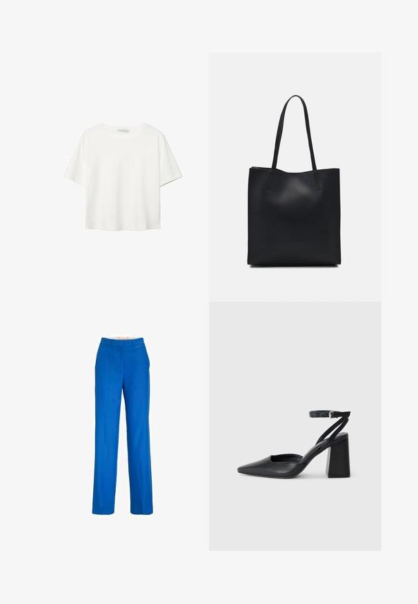 Bela kratka majica s kratkimi rokavi iz bombaža. Ima okroglo izrezovanje in sproščen kroj. Gladka tekstura brez vidnih vzorcev ali poudarkov.; Modre krojene hlače s ravnim krojem, ki imajo gladko teksturo in klasičen pas. Brez vidnih vzorcev ali okraskov.; Črne usnjene klasične čevlje z ostrim nosom, z zaponko za gleženj in debelim peto. Ravna tekstura, eleganten dizajn in minimalistična estetika.; Črna usnjena torba s svilnato teksturo, pravokotne oblike in dvema dolgima ročajema. Brez vidnih metalnih delov ali okrasnih elementov.