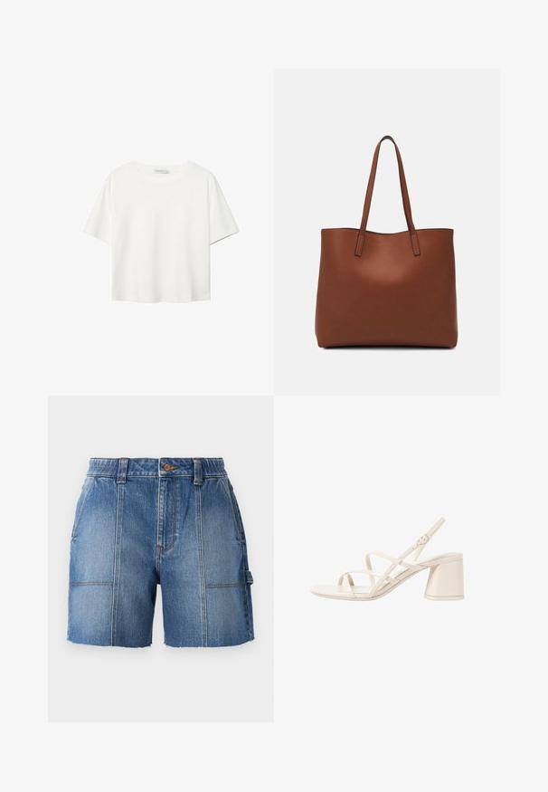 Vit t-shirt med kort ärm i bomull. Har en rundad halsringning och en avslappnad passform. Slät textur utan synliga mönster eller detaljer.; Jeans-shorts i ljusblått med fransad nederkant, med en åtsittande midja, bälteshällor och två framfickor.; Beiga klacksandaler med smala, korslagda remmar, öppen tå och en fyrkantig klack. Slät lackfinish, justerbar vristrem.; Brun läder tote-väska med en slät textur, öppen toppdesign och två axelremmar. Har minimal söm och ingen synlig metalldetalj.
