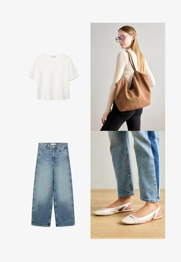Bílý krátký rukáv tričko vyrobené z bavlny. Má kulatý výstřih a volný střih. Hladký materiál bez viditelných vzorů nebo akcentů.; Světle modré široké džíny vyrobené z denimu, s vysokým pasem, designem pěti kapes a jemným vyblednutím na přední a zadní straně.; Světle růžové slingback baleríny s špičatou špičkou, vyrobené z hladkého koženému materiálu. Obsahují vystřihovací detaily po stranách a plochý podpatek.; Hnědá semišová taška přes rameno se soft-touch texturou, velkým otvorem a dlouhými popruhy. Disponuje jednoduchým designem s viditelným šitím a bez kovových prvků.