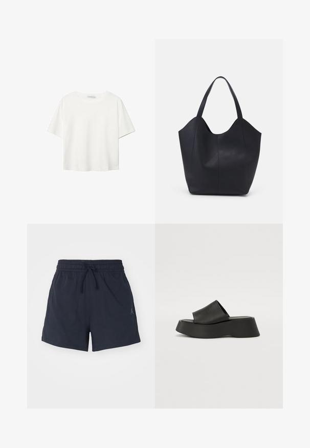 White short-sleeve t-shirt made of cotton. Features a crew neckline and a relaxed fit. Smooth texture with no visible patterns or accents.; Navy athletic shorts made of moisture-wicking fabric, featuring an elastic waistband with drawstring and a small logo.; Black platform sandals featuring a wide strap and chunky sole. Made from smooth material with a matte finish and no visible hardware.; Black tote bag made of smooth leather, featuring a curved, open top with two shoulder straps and a minimalist design.