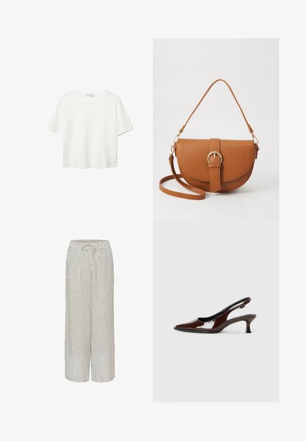 Weißes T-Shirt mit kurzen Ärmeln aus Baumwolle. Hat einen Rundhalsausschnitt und eine lockere Passform. Glatte Textur ohne sichtbare Muster oder Akzente.; Leinenmischung weite Bein-Hose mit gestreiftem Muster in Beige und Grau. Mit elastischem Bund mit Kordelzug und zwei Vordertaschen.; Braune Lackleder-Slingback-Schuhe mit spitzer Zehe und moderatem Absatz. Mit einem Schnallenriemen für einen sicheren Sitz. Glatte Textur.; Braune Leder-Crossbody-Tasche mit geschwungener Form, goldfarbenen Beschlägen und einer Schnallenakzentuierung. Verfügt über einen abnehmbaren Schultergurt.