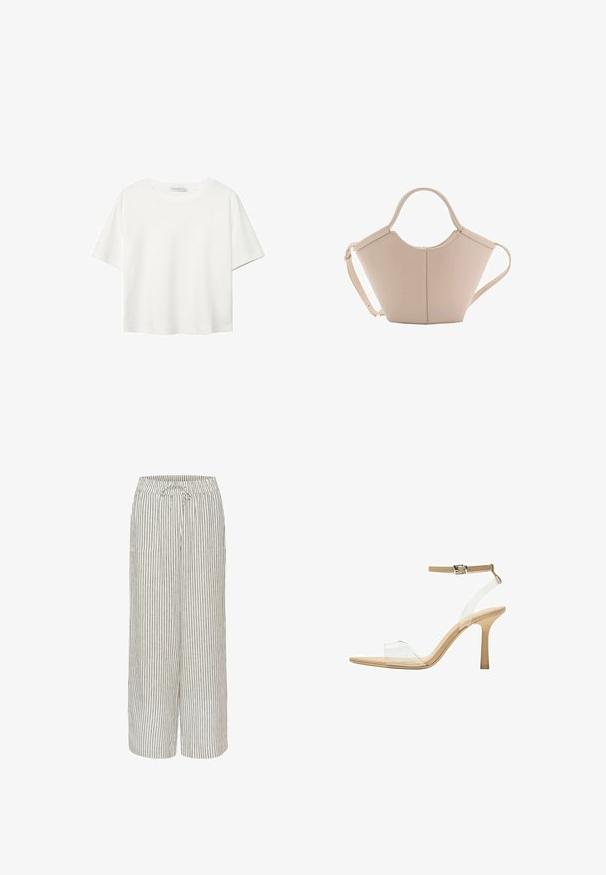 T-shirt bianco a maniche corte realizzato in cotone. Presenta un collo tondo e una vestibilità rilassata. Texture liscia senza motivi o dettagli visibili.; Pantaloni larghi in misto lino con un motivo a righe in beige e grigio. Presentano un elastico in vita con cordoncino e due tasche frontali.; Sandal con tacco trasparente e parte superiore trasparente, plantare beige e una sottile cinghia alla caviglia. Presenta una punta appuntita e un tacco alto e sottile.; Borsa in pelle beige con una forma unica, caratterizzata da due manici corti e una lunga tracolla regolabile. Texture liscia con hardware minimale.