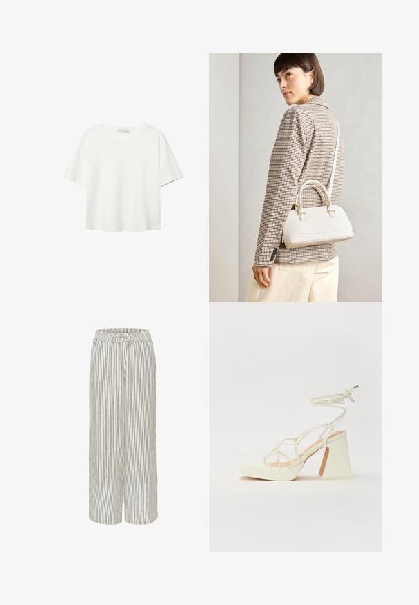 Bela kratka majica s kratkimi rokavi iz bombaža. Ima okroglo izrezovanje in sproščen kroj. Gladka tekstura brez vidnih vzorcev ali poudarkov.; Hlače širokih nogavic iz mešanice lanenega materiala s črtastim vzorcem v bež in sivi barvi. Imajo elastičen pas s vrvico in dva sprednja žepa.; Bela sandala na visokih petah s debelim petam, ki ima obliko trakcev in vezanje okoli gležnja. Gladka tekstura z platformo spredaj za dodatno višino.; Bela strukturirana torba z kratkimi ročaji in naramnim trakom, z zlatimi okrasnimi elementi in teksturiranim materialom, prikazana na sivi podlagi.