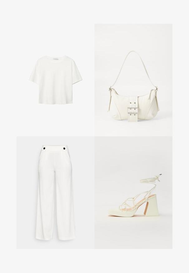 Bílý krátký rukáv tričko vyrobené z bavlny. Má kulatý výstřih a volný střih. Hladký materiál bez viditelných vzorů nebo akcentů.; Bílé široké kalhoty vyrobené z hladkého materiálu. Mají vysoký pas s černými knoflíkovými detaily a dvěma bočními kapsami.; Bílé sandály na vysokém podpatku s robustním podpatkem, s designem s pásky a zavazováním kolem kotníku. Hladký povrch s platformou vpředu pro zvýšení výšky.; Bílá kabelka na rameno s texturovaným povrchem, centrálním akcentem v podobě spony a zakřiveným tvarem. Zipové uzávěry na obou stranách.