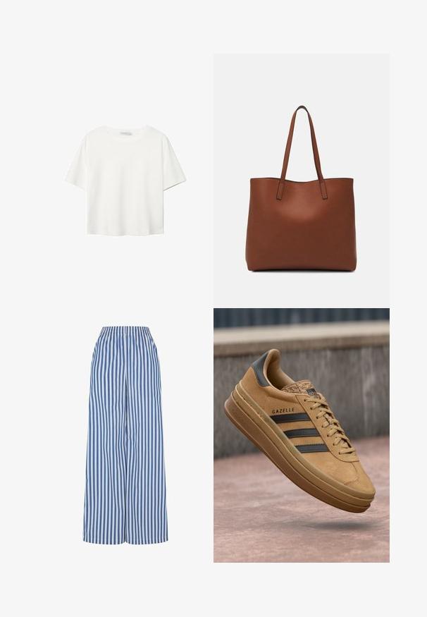 Bílý krátký rukáv tričko vyrobené z bavlny. Má kulatý výstřih a volný střih. Hladký materiál bez viditelných vzorů nebo akcentů.; Široké kalhoty v modro-bílých vertikálních pruzích, s elastickým pasem a lehkým materiálem pro pohodlí a prodyšnost.; Světlé semišové tenisky s hladkou texturou, se třemi tmavými pruhy, zaoblenou špičkou a silnější podrážkou se vzorovaným okrajem.; Hnědá kožená taška přes rameno s hladkou texturou, otevřeným designem a dvěma ramenními popruhy. Obsahuje minimální švy a žádné viditelné kovové prvky.