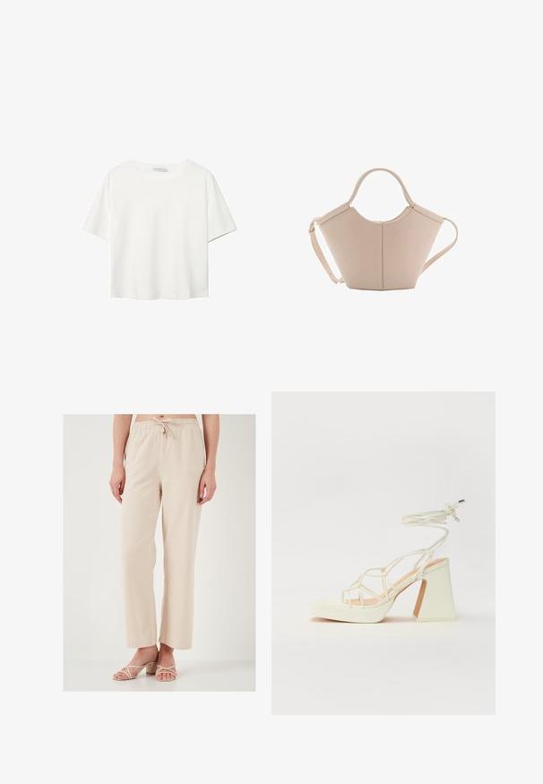 Vit t-shirt med kort ärm i bomull. Har en rundad halsringning och en avslappnad passform. Slät textur utan synliga mönster eller detaljer.; Beige, avslappnade byxor med elastisk midja och dragsko. Slät textur; vida ben. Kombination med sandaletter i ljusa färger.; Vit högklackad sandal med en kraftig klack, med ett remdesign och ankelband. Slät textur med en plattform framtill för ökad höjd.; Beige läderhandväska med en unik form, med två korta handtag och ett långt justerbart axelband. Slät textur med minimal hårdvara.