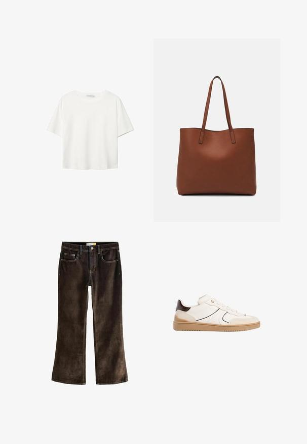 T-shirt blanc à manches courtes en coton. Doté d'un col ras du cou et d'une coupe décontractée. Texture lisse sans motifs ni accents visibles.; Jeans en velours côtelé marron à coupe bootcut avec des coutures jaunes contrastantes, cinq poches et une fermeture à bouton à la taille.; Stradivarius Baskets basses - white; Sac fourre-tout en cuir marron avec une texture lisse, design à ouverture supérieure et deux poignées pour le porter à l'épaule. Présente des coutures minimales et aucun matériel visible.