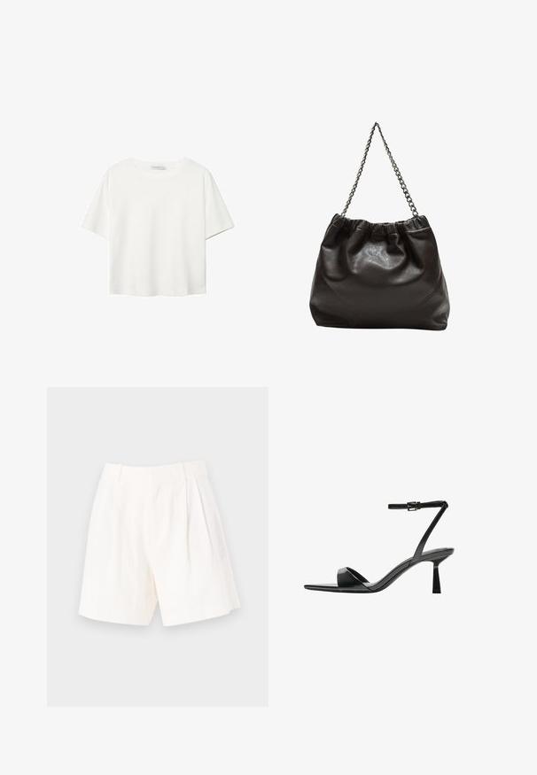 Hvid kortærmet t-shirt lavet af bomuld. Har en rund halsudskæring og en afslappet pasform. Glat tekstur uden synlige mønstre eller detaljer.; Hvide linnedshorts med en skræddersyet pasform, der har lægdetaljer, en glat tekstur og en ren, lige kant.; Bershka Højhælede sandaletter / Højhælede sandaler - black; Brun lædertaske med en rynket top og en kædestrop. Glat tekstur med en blank finish og subtile sømdetaljer på siderne.