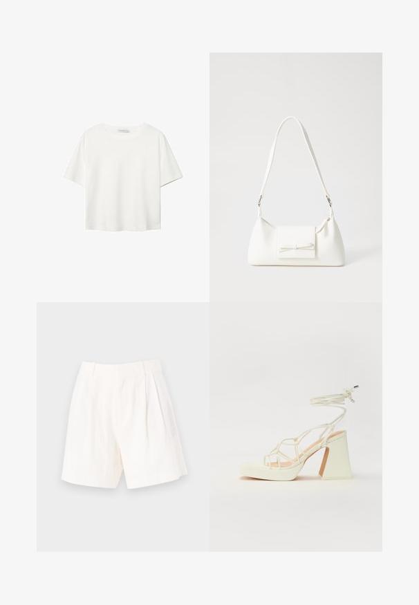 Bijela majica kratkih rukava od pamuka. Ima okrugli izrez i opušteni kroj. Glatka tekstura bez vidljivih uzoraka ili naglasaka.; Bijele lanene kratke hlače s prilikom kroja, s detaljima nabora, glatkom teksturom i čistim, ravnim rubom.; Bijela sandala na visokoj potpetici s debelim petom, s remenom i vezanjem oko gležnja. Glatka tekstura s platformom sprijeda za dodatnu visinu.; Bijela sintetička torbica s trokutastim oblikom, ravnim prednjim poklopcem i detaljem u obliku mašne, podesivom remenom, glatkom teksturom i minimalističkim dizajnom.