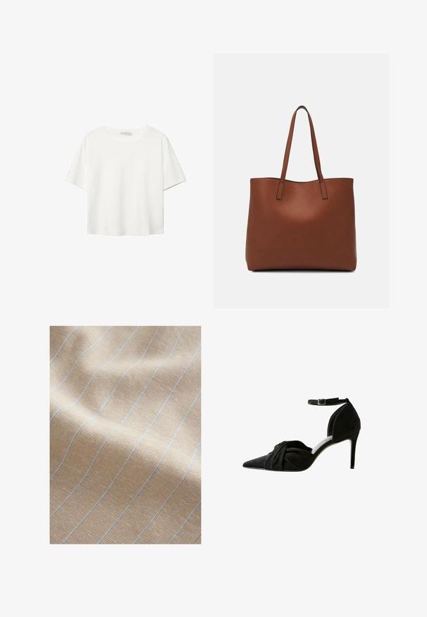 Biała koszulka z krótkim rękawem, wykonana z bawełny. Posiada okrągły dekolt i luźny krój. Gładka faktura bez widocznych wzorów czy akcentów.; Jasno beżowa tkanina o fakturowanym splocie, z cienkimi niebieskimi paskami biegnącymi pionowo. Miękka faktura i lekko pognieciony wygląd.; Czarne zamszowe szpilki z ostrym noskiem, węzełkiem z przodu, paskiem na kostce i cienkim obcasem typu stiletto.; Brązowa skórzana torba tote o gładkiej fakturze, z otwartym wierzchem i dwoma ramiączkami. Charakteryzuje się minimalnym przeszyciem i brakiem widocznych elementów metalowych.
