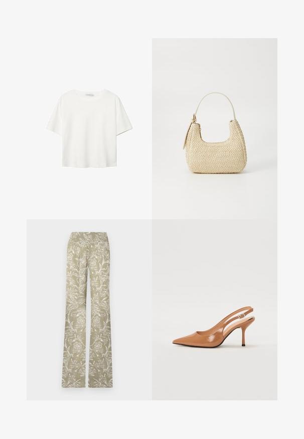 Bílý krátký rukáv tričko vyrobené z bavlny. Má kulatý výstřih a volný střih. Hladký materiál bez viditelných vzorů nebo akcentů.; Rozšířené kalhoty ve světle zelené látce s bílým květinovým vzorem. Mají elastický pas a texturovaný povrch.; Sandy poprsko s úzkým podpatkem v hladkém, lesklém odstínu tan. Obsahuje zakřivený design s výřezem a štíhlý jehlový podpatek. Detail se stříbrnou sponou.; Tkaná slámová kabelka v béžové barvě s zakřiveným tvarem, krátkým držadlem a bočním zipem. Vyznačuje se texturovaným povrchem a minimalistickým designem.