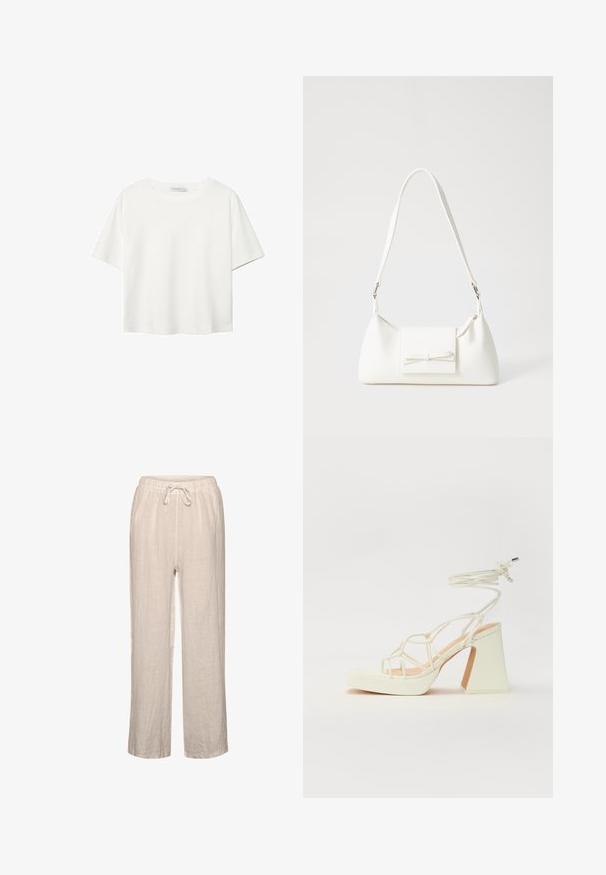 Biela krátkopsová tričko vyrobené z bavlny. Má okrúhly výstrih a voľný strih. Hladká textúra bez viditeľných vzorov alebo akcentov.; Ľanové nohavice svetlo béžovej farby s elastickým pásom a šnúrkou, majú uvoľnený strih a rovný strih nohavíc.; Biele sandále na vysokom opätku s hrubým podpätkom, s pruhovaným dizajnom a viazaním na členku. Hladký povrch s platformou vpredu pre zvýšenú výšku.; Biela syntetická kabelka s trojuholníkovým tvarom, plochým predným klapkou a detailom mašle, nastaviteľným popruhom, hladkou textúrou a minimalistickým dizajnom.