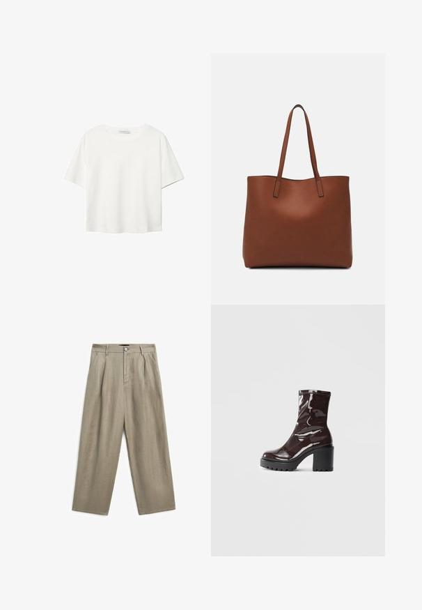 Vit t-shirt med kort ärm i bomull. Har en rundad halsringning och en avslappnad passform. Slät textur utan synliga mönster eller detaljer.; Kahakifärgade linbyxor med lös passform, med knappknäppning fram och veckad design. Korta, raka ben och mjuk textur.; Glansig bordeauxfärgad ankelsko med en kraftig svart klack, som har en slät yta och enkel design. Inga synliga stängningar eller mönster.; Brun läder tote-väska med en slät textur, öppen toppdesign och två axelremmar. Har minimal söm och ingen synlig metalldetalj.