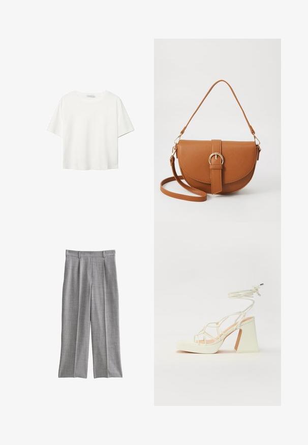 Biała koszulka z krótkim rękawem, wykonana z bawełny. Posiada okrągły dekolt i luźny krój. Gładka faktura bez widocznych wzorów czy akcentów.; Szare spodnie wykonane z teksturowanej tkaniny, o szerokich nogawkach i plisach z przodu. Dopasowany pas z przestawionymi szlufkami na pasek, bez widocznych kieszeni.; Biała sandał na wysokim obcasie z masywnym słupkiem, z paskowym wzorem i wiązaniem przy kostce. Gładka faktura z platformą z przodu dla dodatkowej wysokości.; Brązowa skórzana torba na ramię o zaokrąglonym kształcie, ze złotymi akcentami i zapięciem w formie klamry. Posiada odpinany pasek na ramię.
