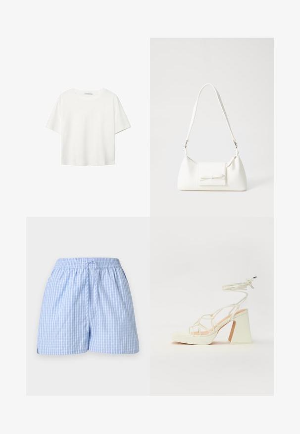 T-shirt bianco a maniche corte realizzato in cotone. Presenta un collo tondo e una vestibilità rilassata. Texture liscia senza motivi o dettagli visibili.; Pantaloni corti a quadri blu e bianchi con vita elastica e lacci regolabili. Tessuto di cotone morbido, vestibilità comoda e aperture laterali.; Sandalo bianco con tacco alto, caratterizzato da un design a cinturini e un legaccio alla caviglia. Texture liscia con una piattaforma frontale per un'altezza aggiuntiva.; Borsa sintetica bianca a forma triangolare, con patta anteriore piatta e dettaglio a fiocco, tracolla regolabile, texture liscia e design minimalista.