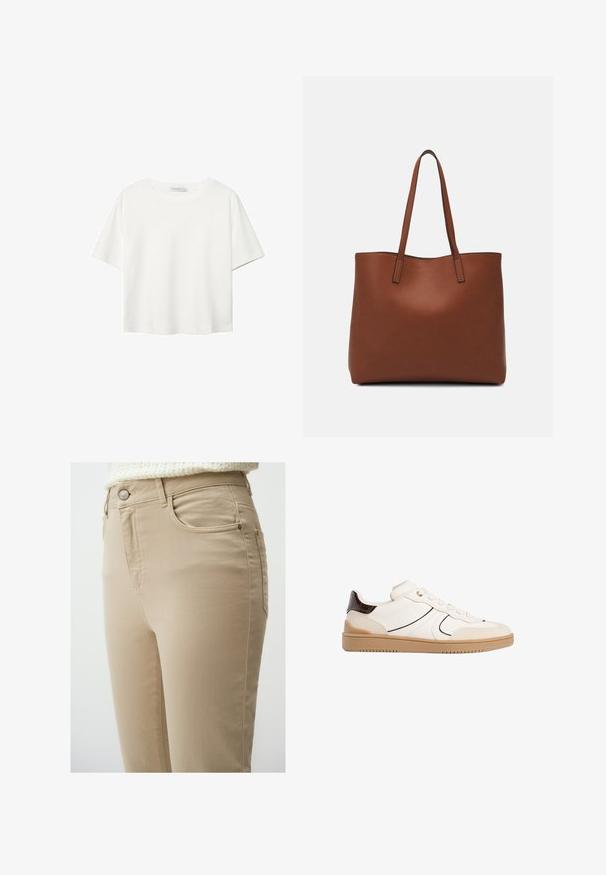 T-shirt bianco a maniche corte realizzato in cotone. Presenta un collo tondo e una vestibilità rilassata. Texture liscia senza motivi o dettagli visibili.; Jeans in denim beige con una vestibilità attillata, dotati di tasche anteriori, chiusura a bottone metallico e dettagli di cucitura minimi per una finitura liscia.; Stradivarius Sneakers basse - white; Borsa tote in pelle marrone con texture liscia, design con apertura superiore e due spallacci. Presenta cuciture minime e nessun hardware visibile.