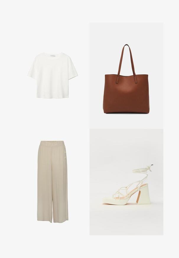 Bela kratka majica s kratkimi rokavi iz bombaža. Ima okroglo izrezovanje in sproščen kroj. Gladka tekstura brez vidnih vzorcev ali poudarkov.; Bež široke hlače narejene iz lahkotnega blaga. Imajo elastičen pas in tri dekorativne gumbe na strani. Gladka tekstura.; Bela sandala na visokih petah s debelim petam, ki ima obliko trakcev in vezanje okoli gležnja. Gladka tekstura z platformo spredaj za dodatno višino.; Rjava usnjena torba z gladko teksturo, odprto zasnovo zgoraj in dvema naramnima trakovoma. Opremljena je z minimalnim šivanjem in brez vidnih kovinskih delov.