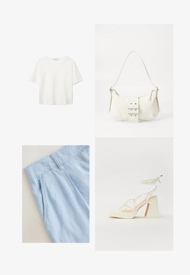 Valkoinen lyhythihainen T-paita, joka on tehty puuvillasta. Siinä on pyöreä kaula-aukko ja rento malli. Silkkinen pinta ilman näkyviä kuvioita tai koristeita.; Vaaleansinisiä pellavashortseja, joissa on laskostettu muotoilu, vyötärönauha ja ompeluyksityiskohtia. Sujuva rakenne ja rento tyyli.; Valkoinen korkokenkä, jossa on paksu korko, ja joka sisältää nauhakiinnityksen ja nilkkaketjun. Sujuva pinta, jossa on platform-etupohja lisäkorkeutta varten.; Valkoinen olkalaukku, jossa on teksturoitu pinta, keskeinen solkiyksityiskohta ja kaareva muoto. Vetoketjusulkimet kummallakin puolella.