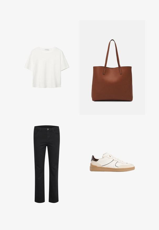 Biała koszulka z krótkim rękawem, wykonana z bawełny. Posiada okrągły dekolt i luźny krój. Gładka faktura bez widocznych wzorów czy akcentów.; Czarne spodnie dżinsowe o prostym kroju, z dwoma przednimi kieszeniami i jednym metalowym guzikiem w pasie. Gładka faktura.; Stradivarius - Sneakersy niskie; Brązowa skórzana torba tote o gładkiej fakturze, z otwartym wierzchem i dwoma ramiączkami. Charakteryzuje się minimalnym przeszyciem i brakiem widocznych elementów metalowych.
