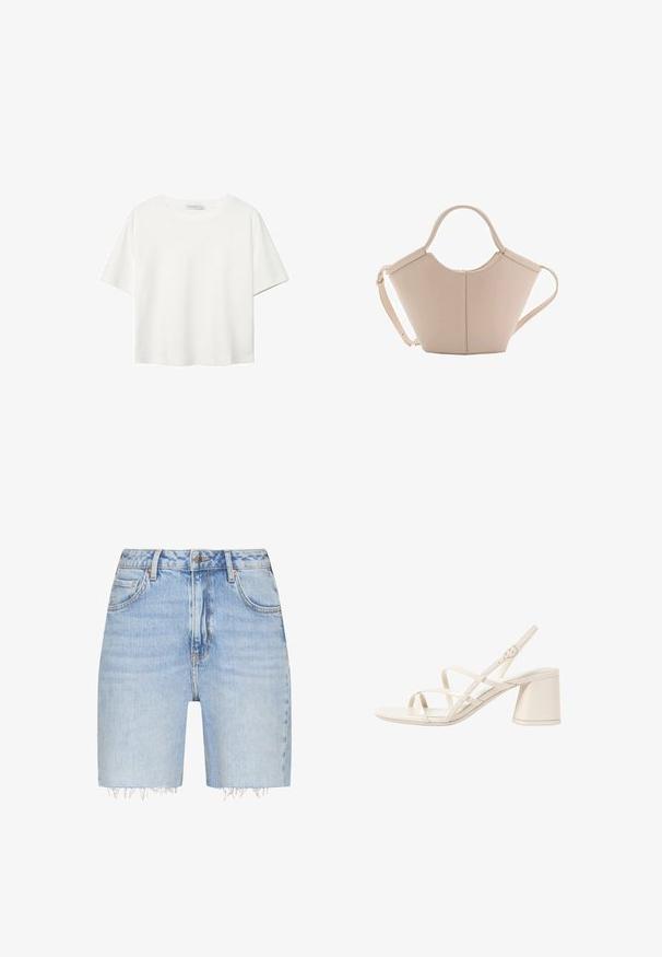 Biała koszulka z krótkim rękawem, wykonana z bawełny. Posiada okrągły dekolt i luźny krój. Gładka faktura bez widocznych wzorów czy akcentów.; QS BERMUDA szaroniebieski; Beżowe sandały na obcasie z cienkimi, krzyżującymi się paskami, otwartym palcem i kwadratowym klockiem. Gładkie wykończenie z lakierowanej skóry, regulowany pasek na kostkę.; Beżowa skórzana torebka o unikalnym kształcie, z dwoma krótkimi uchwytami i długim, regulowanym paskiem. Gładka tekstura z minimalną ilością elementów metalowych.