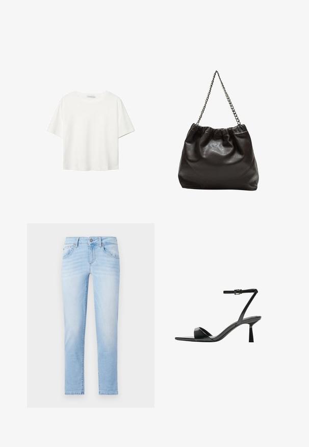 Biała koszulka z krótkim rękawem, wykonana z bawełny. Posiada okrągły dekolt i luźny krój. Gładka faktura bez widocznych wzorów czy akcentów.; Jasnoniebieskie dżinsy o prostym kroju, pięć kieszeni oraz subtelne przetarcia. Zawierają metalowy guziczek oraz szlufki na pasek.; Bershka - Sandały na obcasie; Brązowa skórzana torba z marszczonym szczytem i łańcuszkowym paskiem. Gładka tekstura z błyszczącym wykończeniem i subtelnymi detalami szwów po bokach.