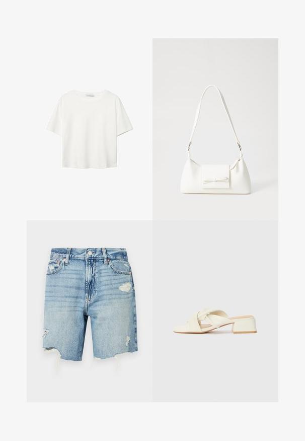 Hvid kortærmet t-shirt lavet af bomuld. Har en rund halsudskæring og en afslappet pasform. Glat tekstur uden synlige mønstre eller detaljer.; Lyseblå denimshorts med højt talje. Har slidte detaljer med frynset kant og flere lommer. Klassisk fem-lommet design.; Cremefarvede blokhælede sandaler med snoede stropper og en flad tåbund. Glat syntetisk materiale med en mat finish.; Hvid syntetisk håndtaske med en trekantet form, flad forsideklap og sløjfedetalje, justerbar strop, glat tekstur og minimalistisk design.