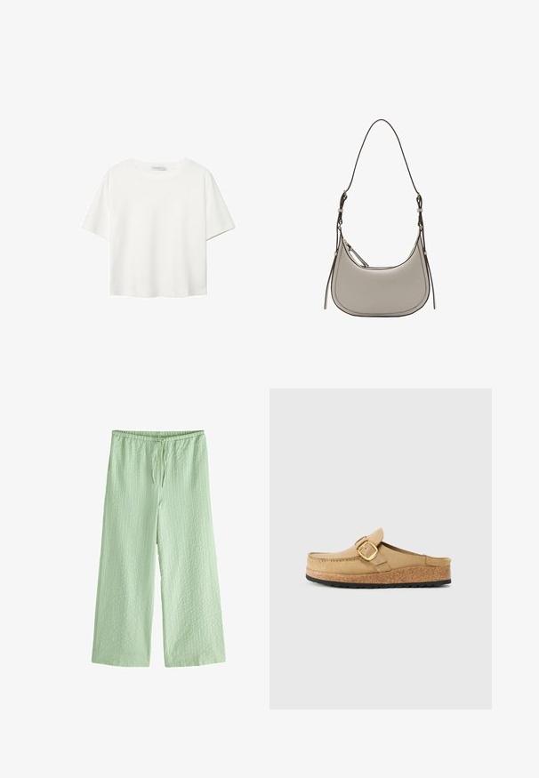 Hvid kortærmet t-shirt lavet af bomuld. Har en rund halsudskæring og en afslappet pasform. Glat tekstur uden synlige mønstre eller detaljer.; Next TEXTURED STRIPE WIDE LEG PETITE - Bukser - green; Beige træskor med en bred rem og guldspænde, lavet af blødt materiale, med en kork-mellemsål og en tekstureret sort gummisål.; Mango Skuldertasker - off-white