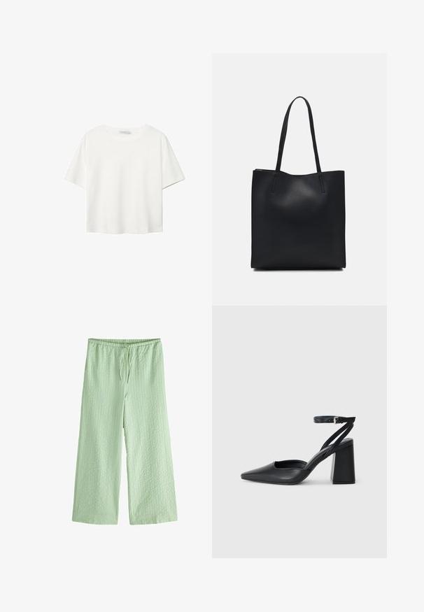 Bílý krátký rukáv tričko vyrobené z bavlny. Má kulatý výstřih a volný střih. Hladký materiál bez viditelných vzorů nebo akcentů.; Next TEXTURED STRIPE WIDE LEG PETITE - Kalhoty - green; Černé kožené lodičky se špičatou špičkou, kotníkovým páskem a silným podpatkem. Hladká textura, elegantní design a minimalistická estetika.; Černá kožená taška přes rameno s hladkým povrchem, obdélníkovým tvarem a dvěma dlouhými uchy. Žádné viditelné kování ani ozdoby.