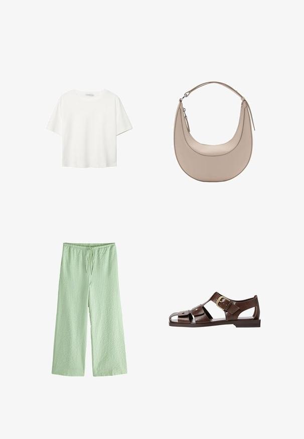 Weißes T-Shirt mit kurzen Ärmeln aus Baumwolle. Hat einen Rundhalsausschnitt und eine lockere Passform. Glatte Textur ohne sichtbare Muster oder Akzente.; Next TEXTURED STRIPE WIDE LEG PETITE - Stoffhose - green; Braune Leder-Sandale mit ausgeschnittenem Design, verstellbarem seitlichem Riemenverschluss und flacher Sohle, mit Metallakzenten und offenem Zehenbereich.; Beige Leder Schultertasche in Halbmondform, mit glatter Oberfläche und einem geschwungenen Henkel. Verfügt über einen Reißverschluss und saubere Nähte.