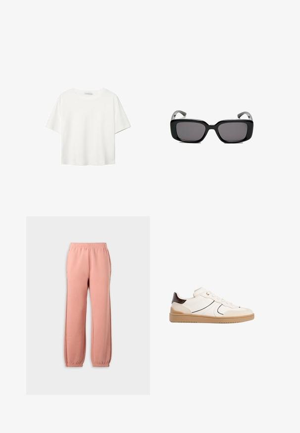 Bela kratka majica s kratkimi rokavi iz bombaža. Ima okroglo izrezovanje in sproščen kroj. Gladka tekstura brez vidnih vzorcev ali poudarkov.; Roza trenirka z elastičnim pasom, ožjimi manšetami in stranskimi šivi. Izdelana iz mehkega materiala, zasnovana za udobje.; Stradivarius Športni copati - white; Črne pravokotne sončne očala z temnimi lečami, gladkim plastičnim okvirjem in ukrivljenimi nogicami. Oblika je robustna in minimalistična.