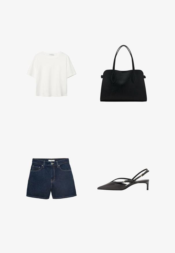 Bílý krátký rukáv tričko vyrobené z bavlny. Má kulatý výstřih a volný střih. Hladký materiál bez viditelných vzorů nebo akcentů.; Džínové šortky v tmavě modré barvě, s úzkým pasem, designem pěti kapes a kontrastním prošitím kolem okrajů. Klasické zapínání na knoflík.; Černé kožené lodičky na podpatku s úzkými řemínky kolem kotníku, špičatou špičkou a nízkým jehlovým podpatkem. Hladká textura s minimalistickým designem.; Černá kožená kabelka s dvojitými ramenními popruhy, obdélníkový tvar a minimalistický design na bílém pozadí.