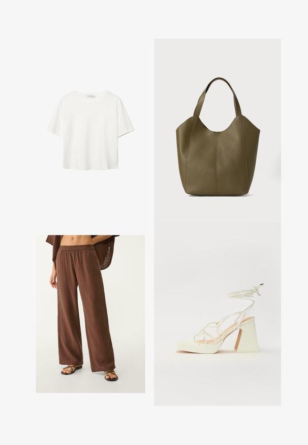 Vit t-shirt med kort ärm i bomull. Har en rundad halsringning och en avslappnad passform. Slät textur utan synliga mönster eller detaljer.; Bruna vida-byxor med en texturerad tyg, som har en elastisk midja. I kombination med platta, remmar sandaler.; Vit högklackad sandal med en kraftig klack, med ett remdesign och ankelband. Slät textur med en plattform framtill för ökad höjd.; Olivgrön läderaxelväska med dubbla remmar, slät textur och design med fyra paneler. Förstärkt sömnad längs sömmarna för hållbarhet.