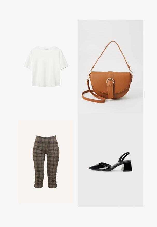 Bijela majica kratkih rukava od pamuka. Ima okrugli izrez i opušteni kroj. Glatka tekstura bez vidljivih uzoraka ili naglasaka.; Sive karirane skraćene hlače s rastezljivim strukom, prilagođenim krojem i teksturiranom tkaninom s crnim i svjetlijim sivim naglascima.; Crne lakirane kožne sandale s otvorenom petom i špicastim vrhom, s geometrijskom blok petom. Imaju elegantan, minimalistički dizajn i glatku teksturu.; Smeđa kožna torba preko tijela s zakrivljenim oblikom, zlatnim metalnim detaljima i naglaskom na kopču. Ima odvojivu naramenicu.