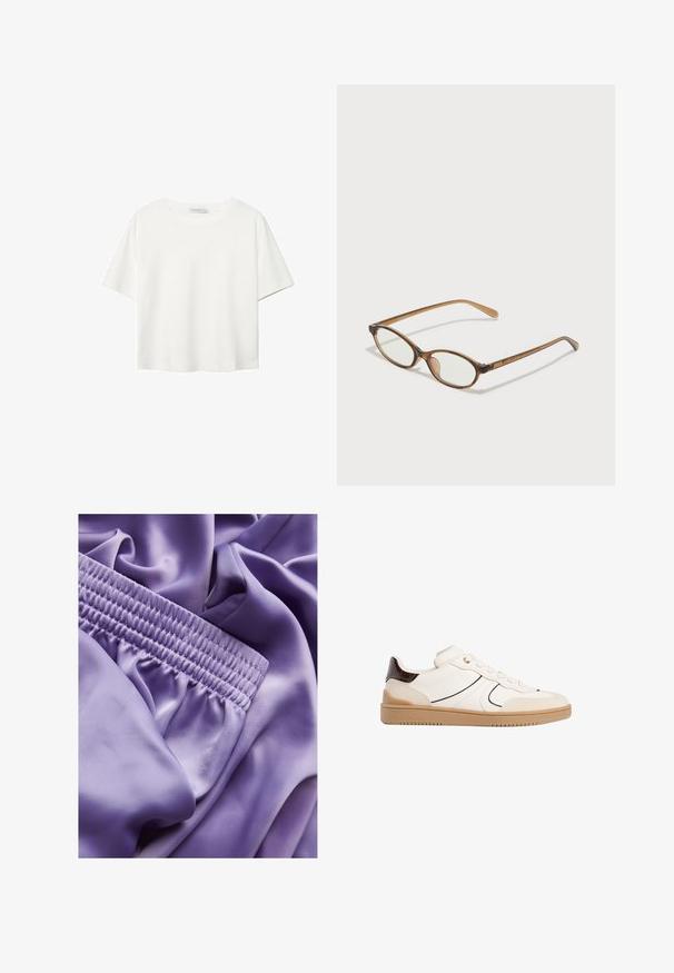 Bijela majica kratkih rukava od pamuka. Ima okrugli izrez i opušteni kroj. Glatka tekstura bez vidljivih uzoraka ili naglasaka.; JJXX JXKIRA REGULAR PANT - Hlače - twilight purple; Stradivarius Tenisice - white; Smeđe skupe naočale s ovalnim lećama, tankim drškama i prozirnim akcentima. Ima suptilan logo na sljepoočnici. Elegantan, lagan dizajn.